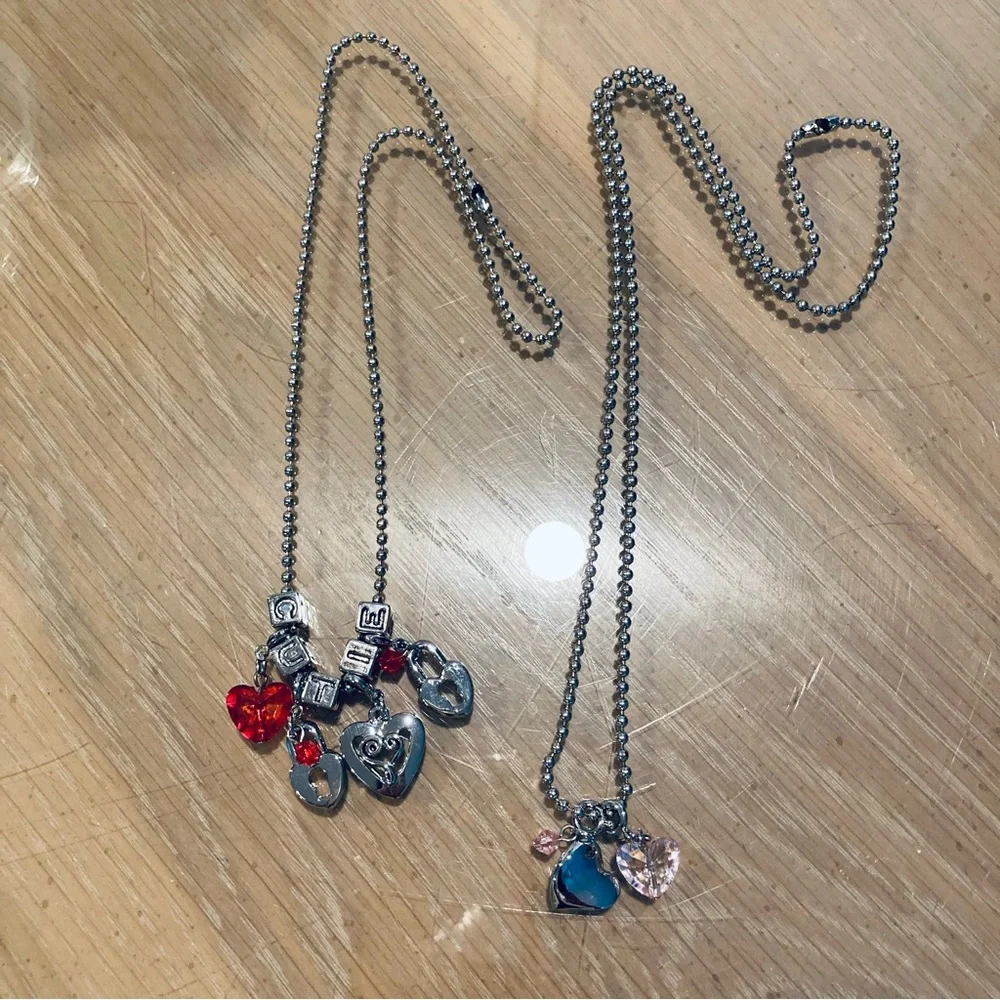 Fashion Jewelry 2 Necklace Bundle:  Heart Charm Necklaces on Silver Ball  Chains